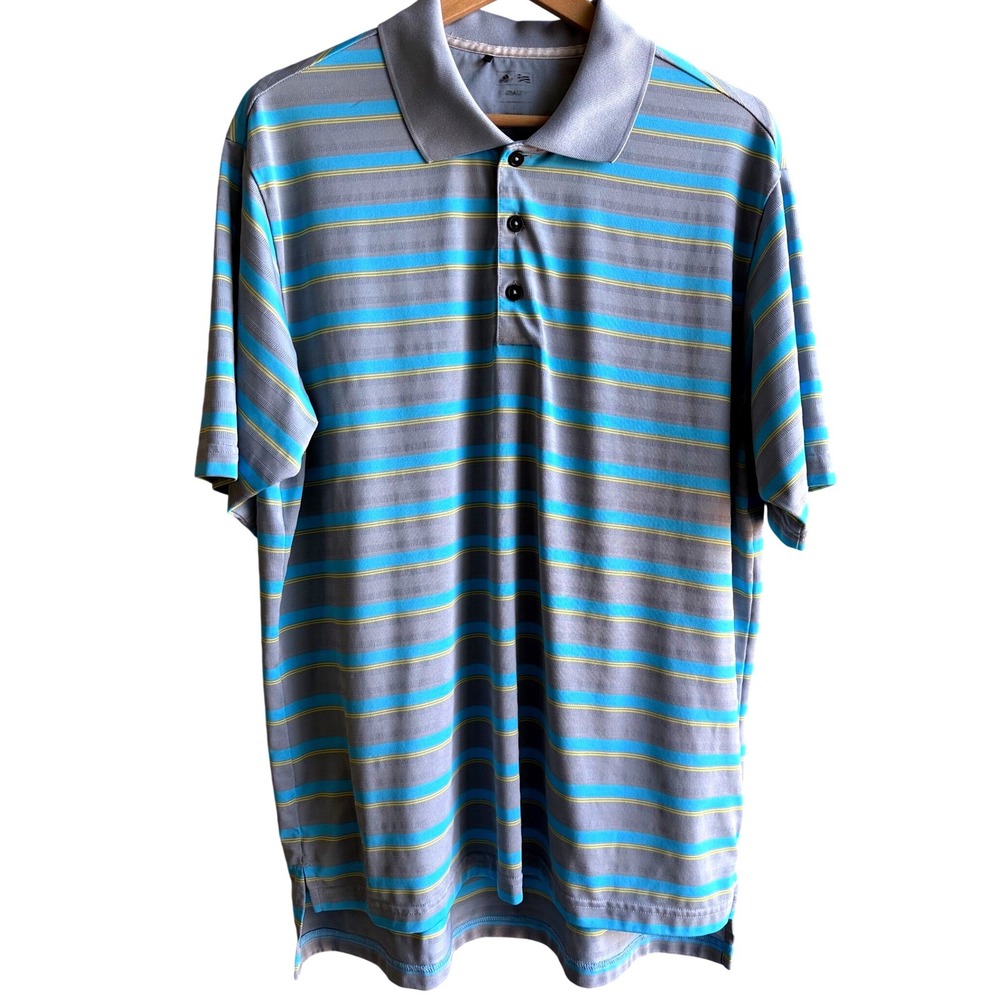 Adidas Golf Climalite Mens Large Polo Grey Blue Yellow Striped Short Sleeve